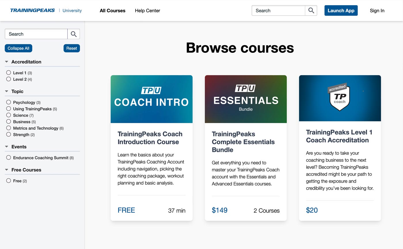 TrainingPeaks University browse courses interface